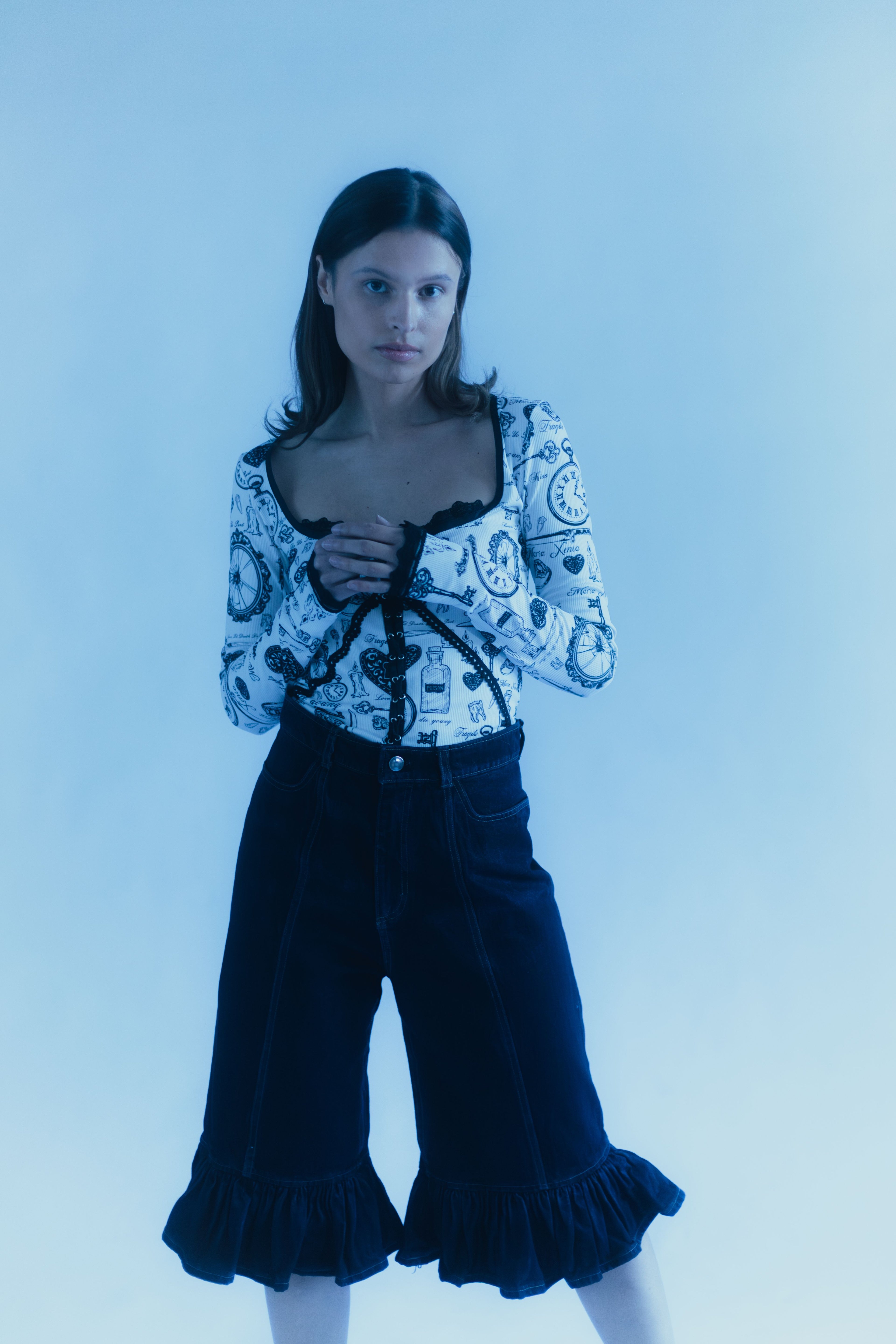 Ruffled Hem Denim Culottes